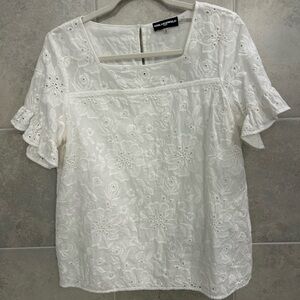 White eyelet lace lined Karl Lagerfeld blouse top Size L